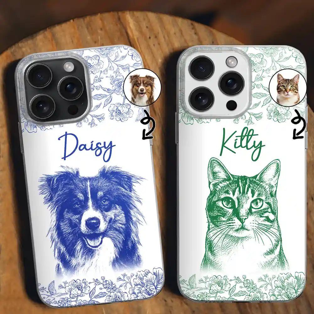 Custom Photo Pencil Sketch Dog Cat Pet Portrait - Personalized Clear Phone Case