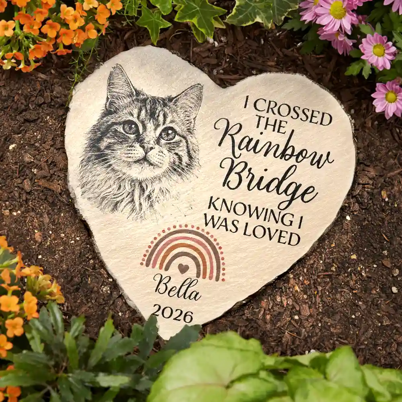 Custom Photo Pencil Sketch I Crossed The Rainbow Bridge Knowing I Was Loved Pet Memorial - Personalized Heart Memorial Garden Stone