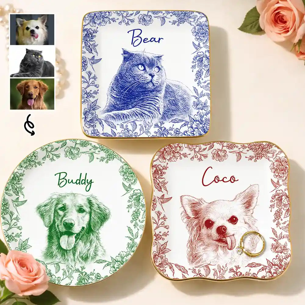 Custom Photo Pet Pencil Sketch Style - Personalized Ring Dish