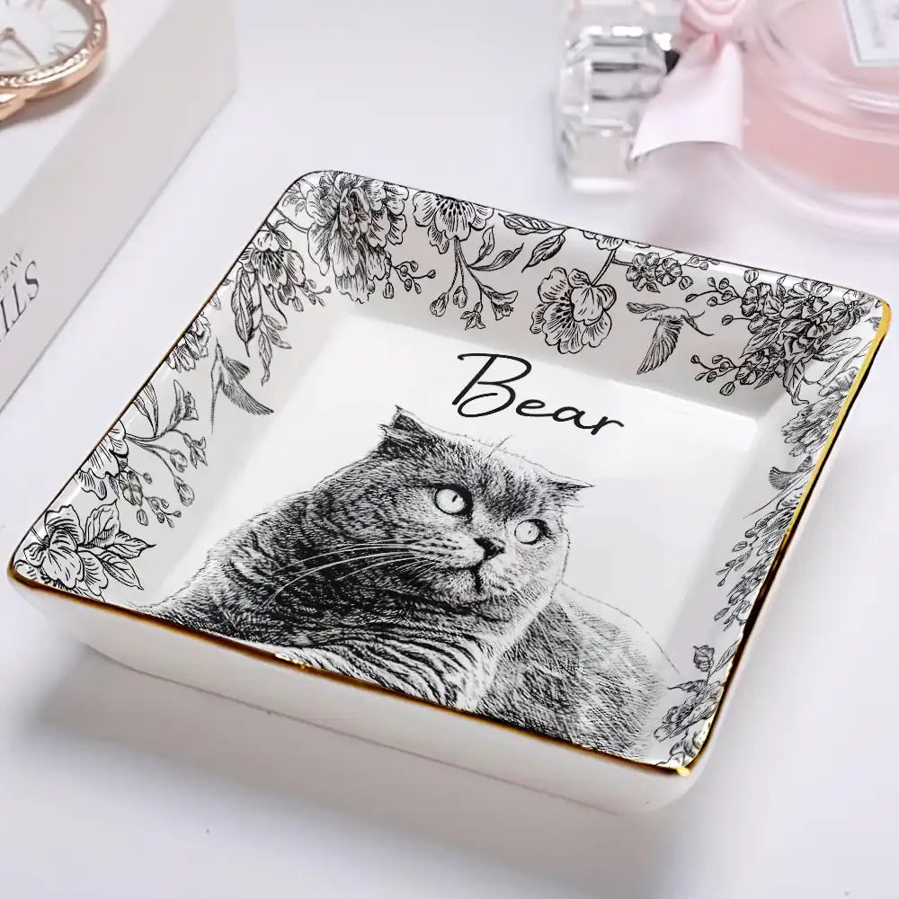 Custom Photo Pet Pencil Sketch Style - Personalized Ring Dish