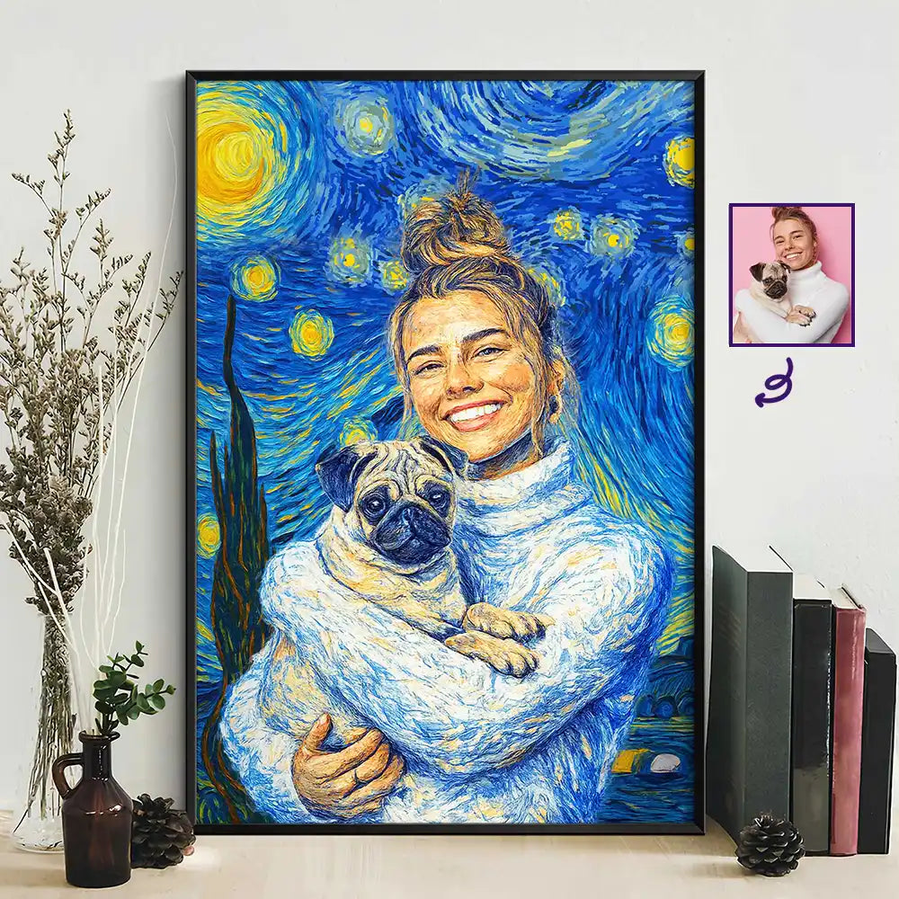 Pet Lovers,Happy,Dog Lovers,Dog Mom,Cat Lovers,Cat Mom,Dog Dad,Cat Dad - Custom Photo Starry Night Dog Mom Cat Mom - Personalized Poster
