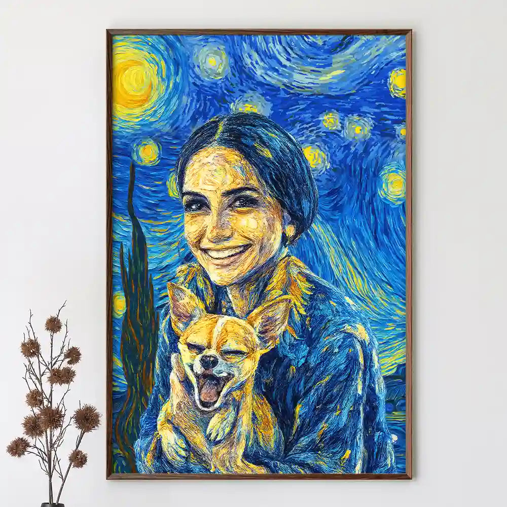 Pet Lovers,Happy,Dog Lovers,Dog Mom,Cat Lovers,Cat Mom,Dog Dad,Cat Dad - Custom Photo Starry Night Dog Mom Cat Mom - Personalized Poster