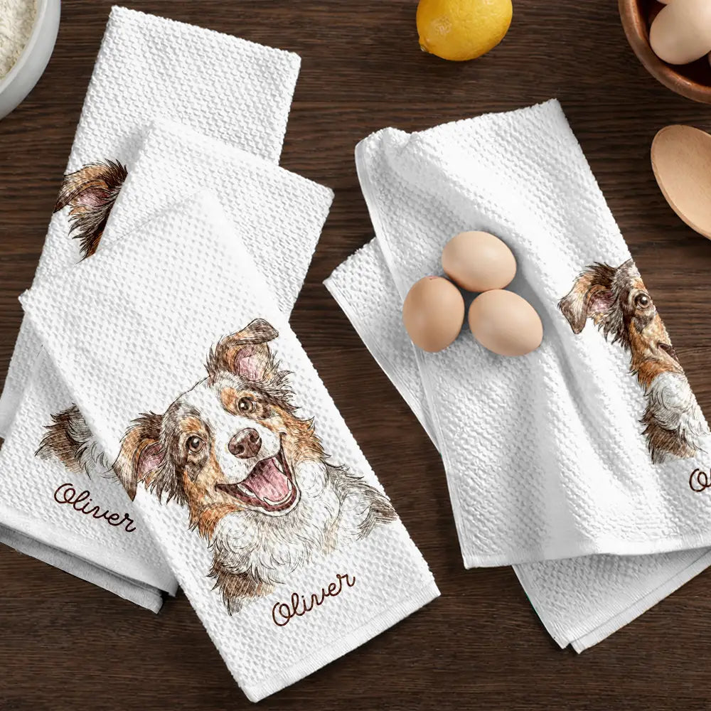 Custom Photo Colored Pencil Sketch Funny Cat Dog Pet - Personalized Kitchen Towel