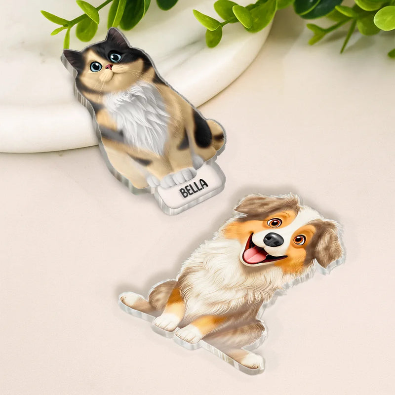 Pet Lovers, Pet Dad, Pet Mom, Pet Couple, Dog Lovers, Cat Lovers - Cute Dog And Cat 3D Effect With Name - Personalized Acrylic Fridge Magnet