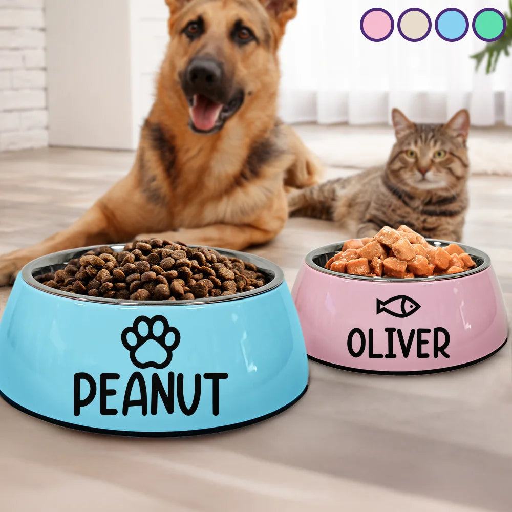 Cute Dog Cat Name With Icons - Personalized Removable Stainless Steel Pet Bowl