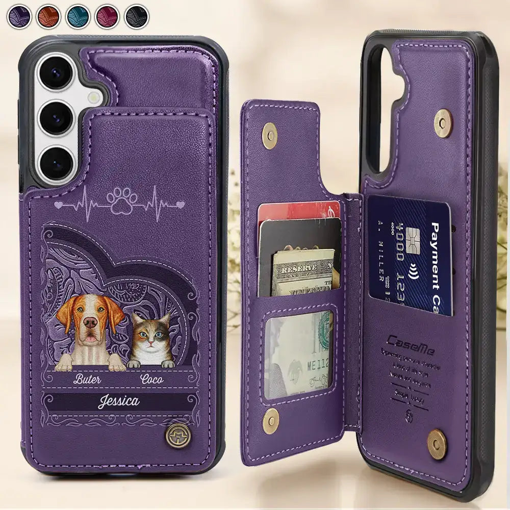 Cute Dogs Cats Heartbeat Paw - Personalized Leather Flip Wallet Phone Case