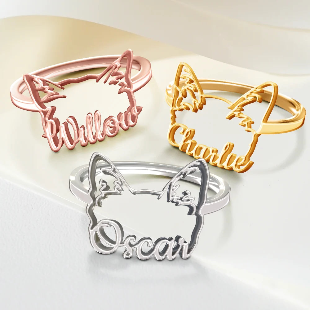 Cute Minimalist Cat Ears Jewelry For Cat Lovers Cat Mom - Personalized Pet Ears Name Ring