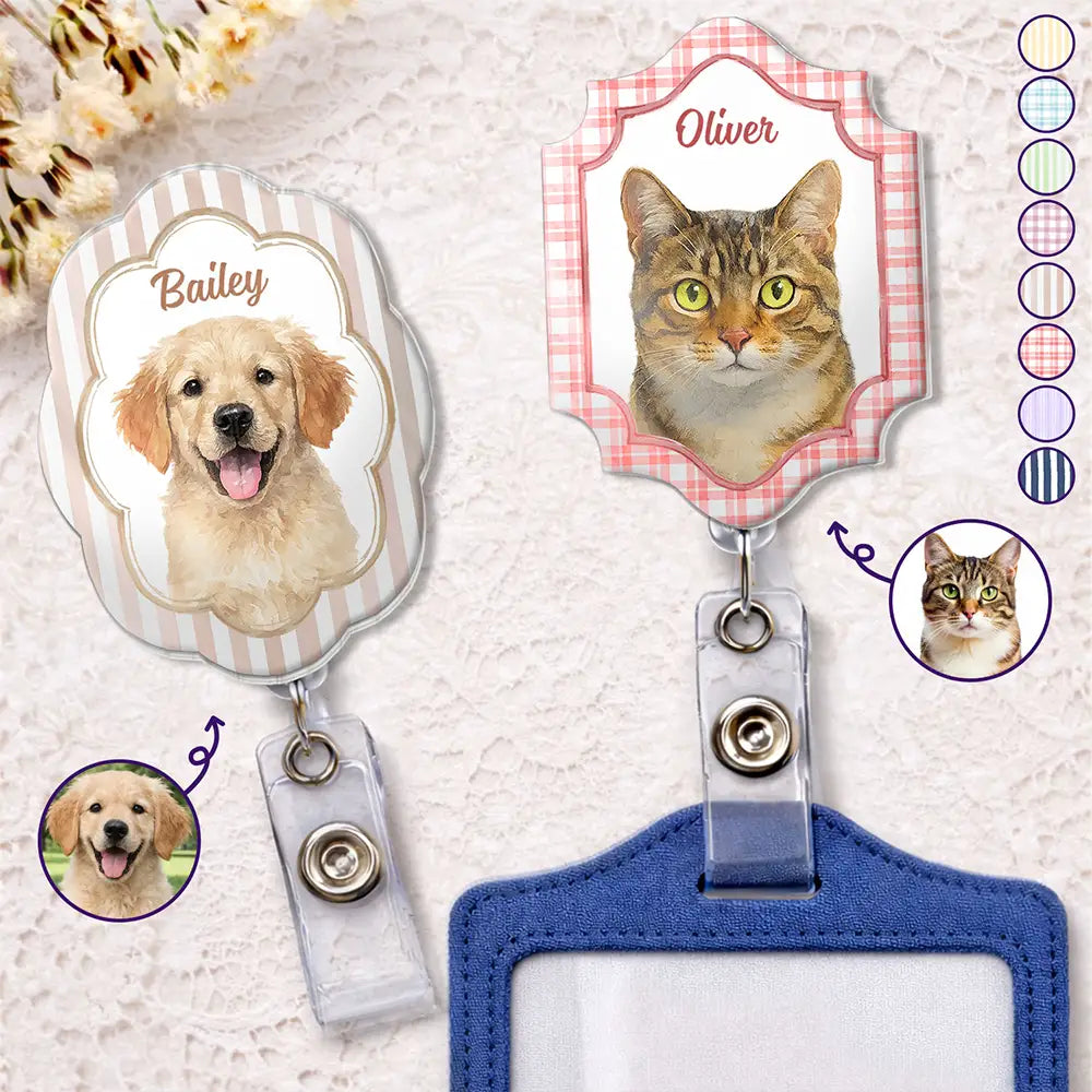Custom Photo Watercolor Art Dog Cat Pet Portrait Vintage - Personalized Badge Reel