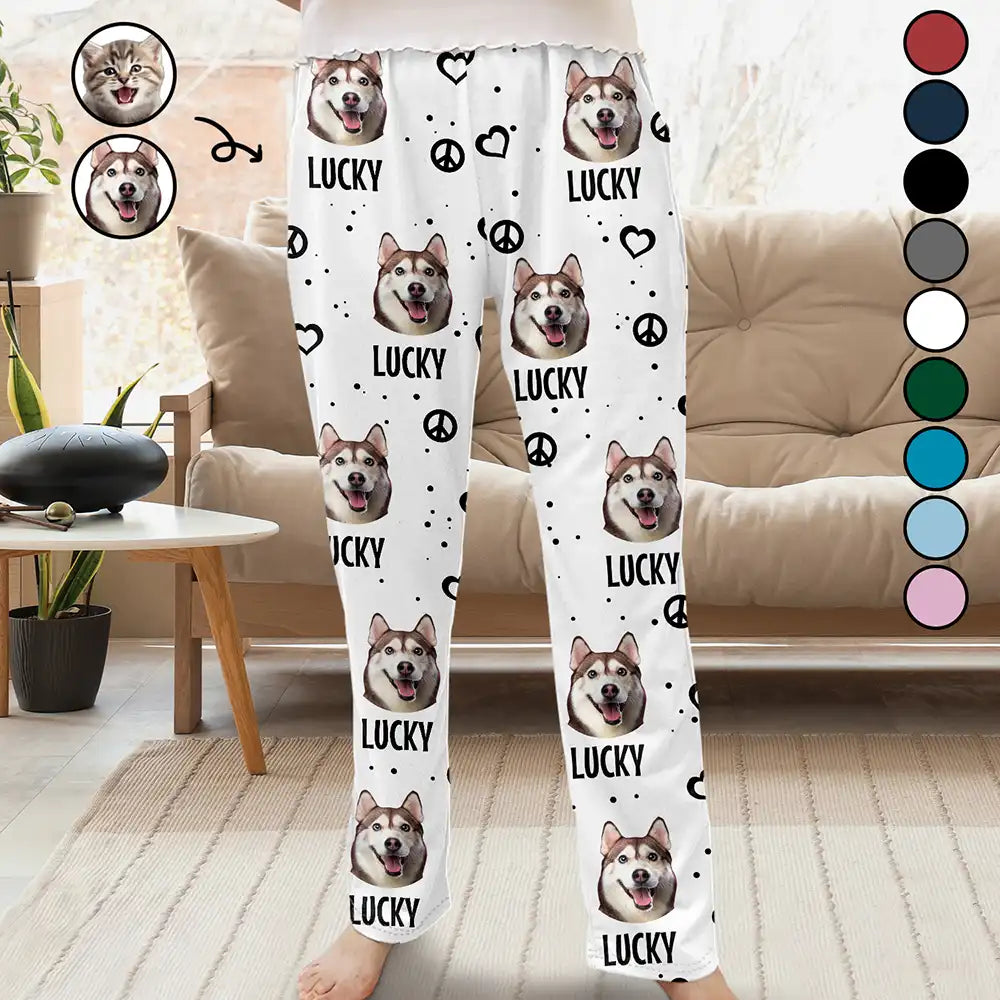 Custom Photo Peace, Love And Pet Faces - Personalized Pajama Pants