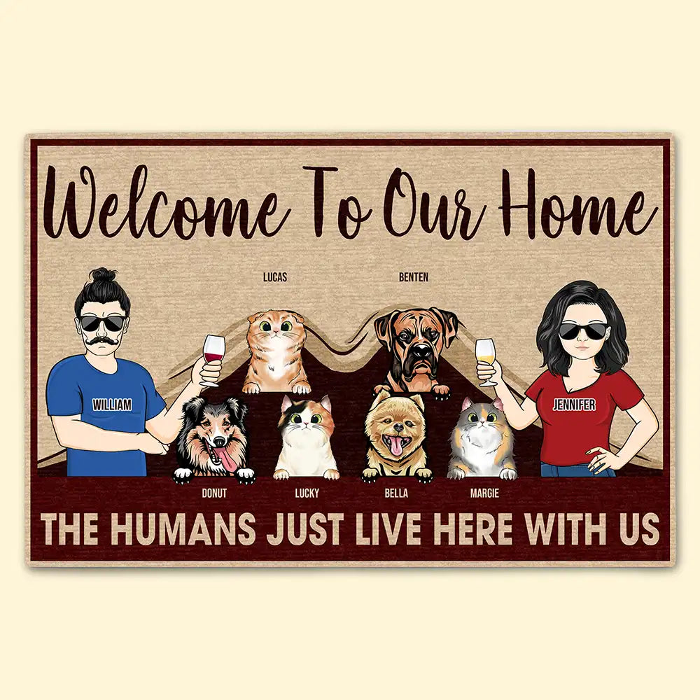 The Humans Just Live Here Couple With Pets - Personalized Custom Doormat