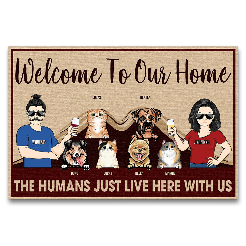 The Humans Just Live Here Couple With Pets - Personalized Custom Doormat