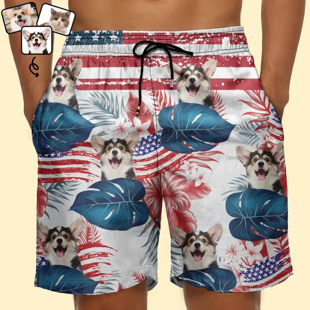 Custom Photo Funny Pet Face Stars And Stripes - Personalized Custom Unisex Beach Shorts