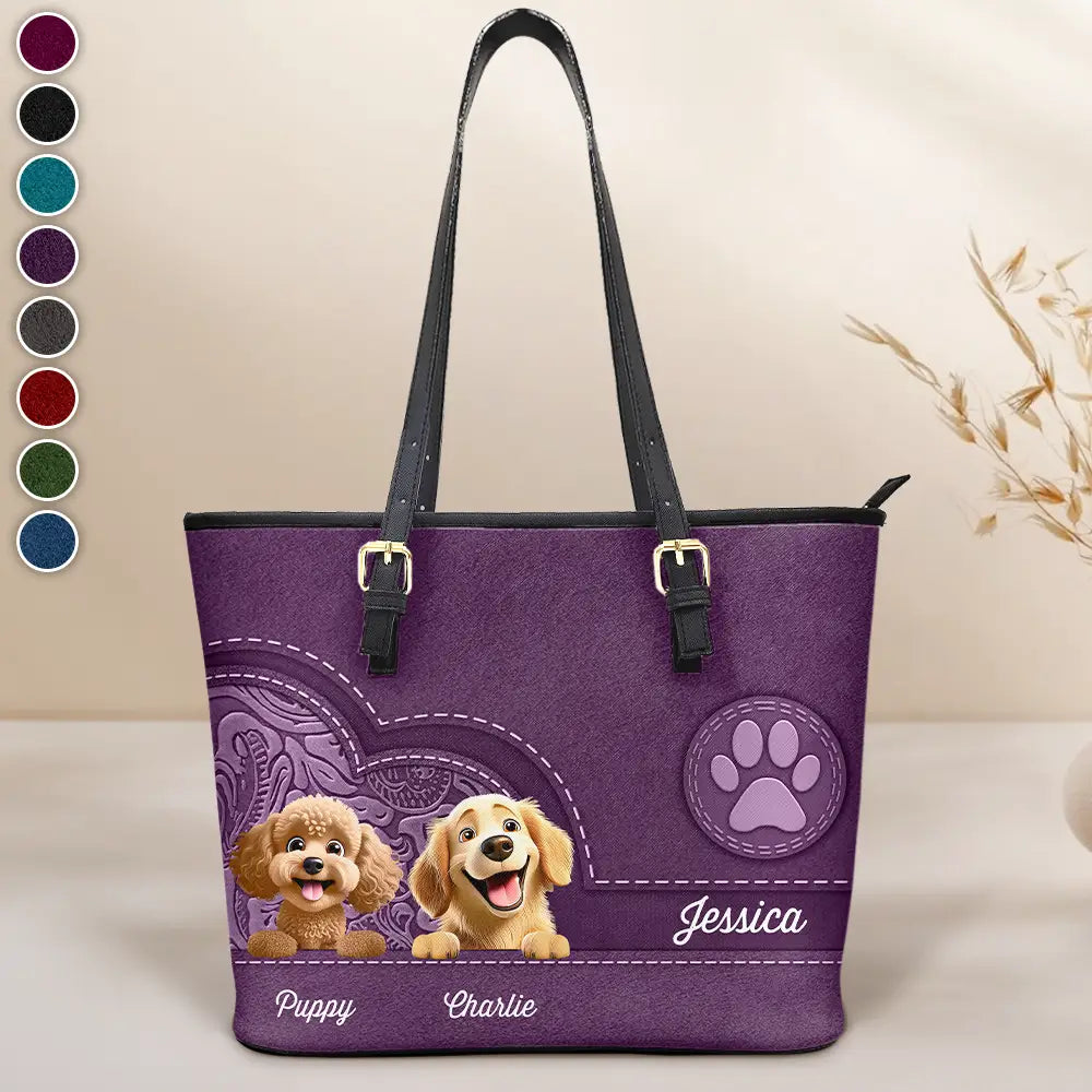 Cute 3D Effect Look For Dog Mom - Personalized Leather Tote Bag