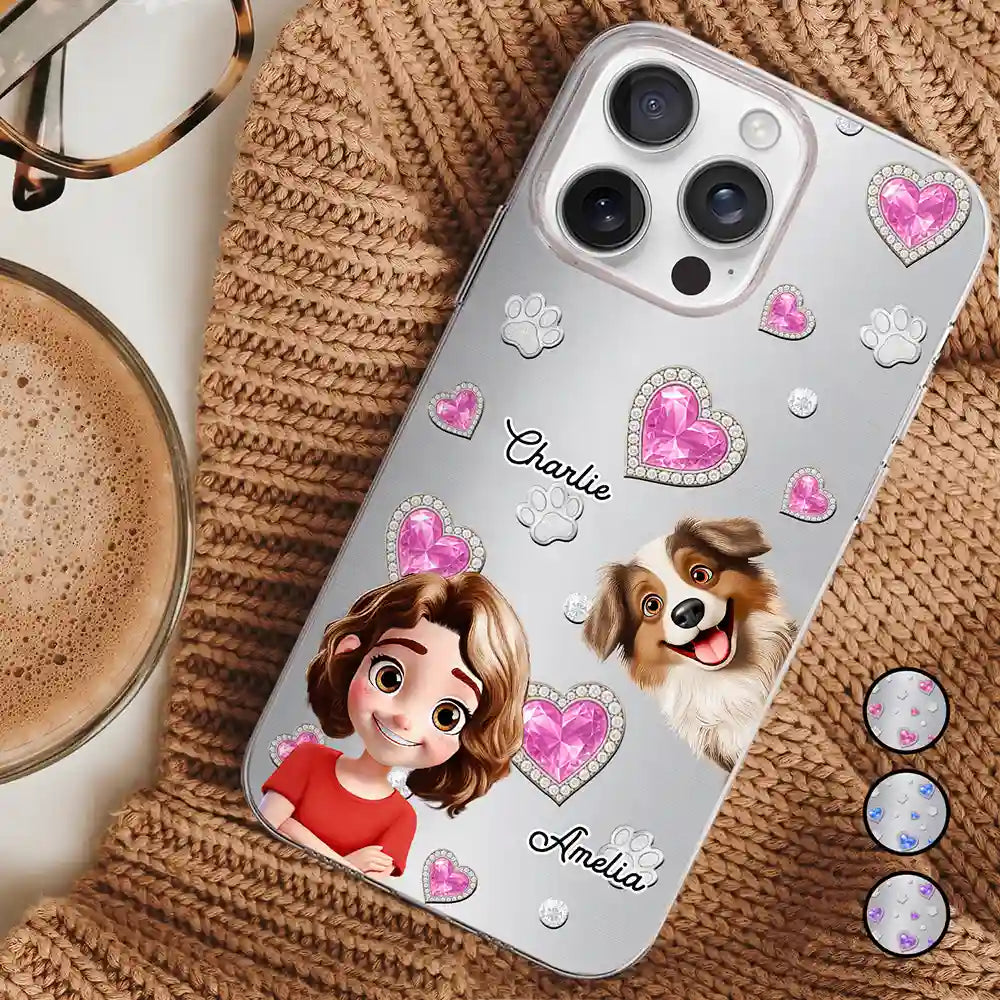 Dog Dad Dog Mom Metal And Crystal Printed Effect - Personalized Clear Phone Case
