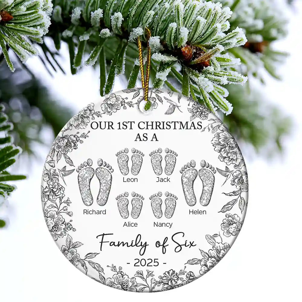Christmas, Family, Dog Lovers, Cat Lovers, Pet Lovers, Parents, Happy - First Christmas As A Family Of Four Toile Footprints - Personalized Circle Ceramic Ornament