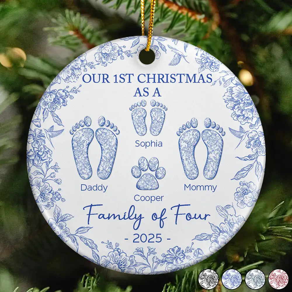 First Christmas As A Family Of Four Footprints Toile De Jouy - Personalized Circle Ceramic Ornament