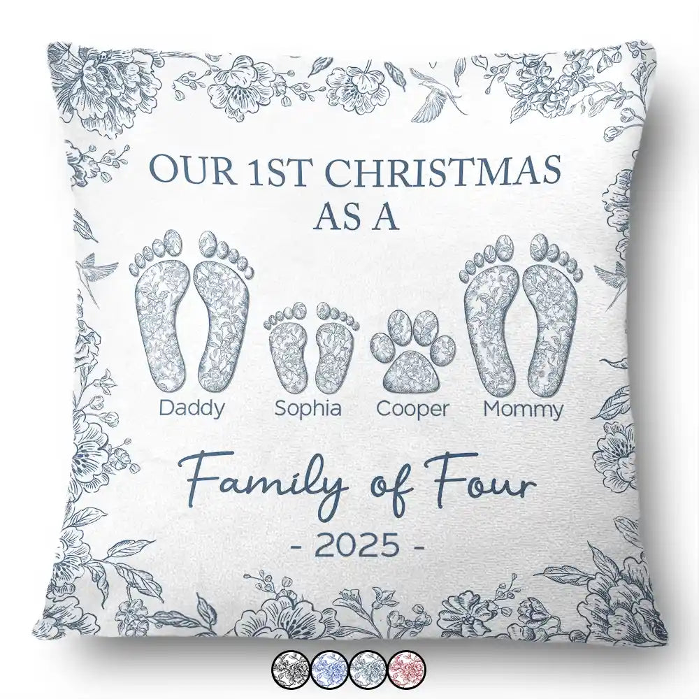 First Christmas As A Family Of Four Footprints Toile - Personalized Pillow