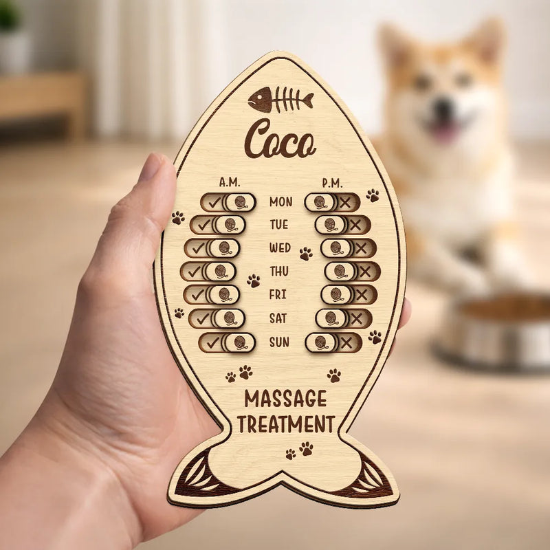 Cat Lovers, Cat Mom, Cat Couple, Cat Dad - Fish Bone Shaped Feeding And Medication Tracker - Personalized Wooden Pet Feeding Reminder