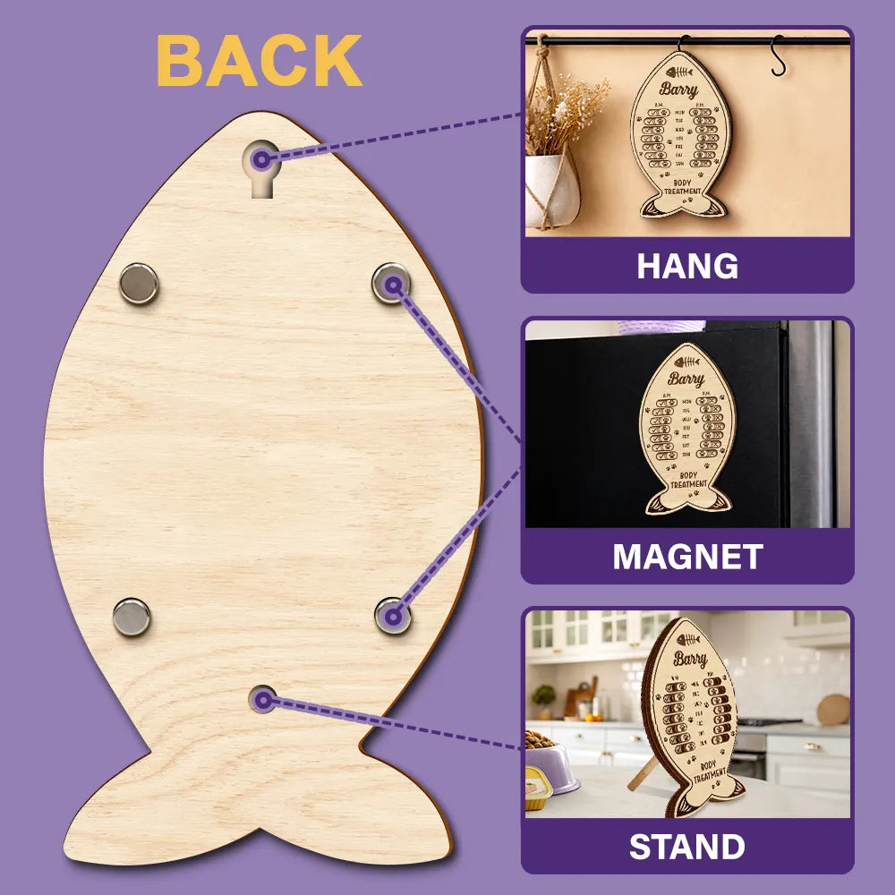 Cat Lovers, Cat Mom, Cat Couple, Cat Dad - Fish Bone Shaped Feeding And Medication Tracker - Personalized Wooden Pet Feeding Reminder