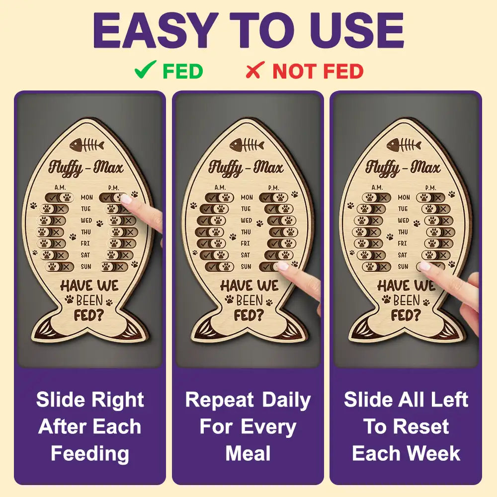 Cat Lovers, Cat Mom, Cat Couple, Cat Dad - Fish Bone Shaped Feeding And Medication Tracker - Personalized Wooden Pet Feeding Reminder