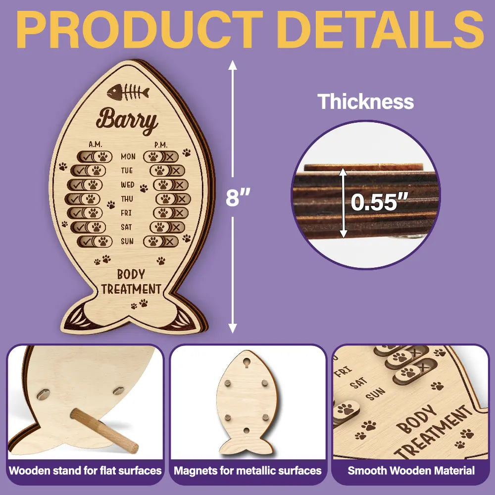Cat Lovers, Cat Mom, Cat Couple, Cat Dad - Fish Bone Shaped Feeding And Medication Tracker - Personalized Wooden Pet Feeding Reminder