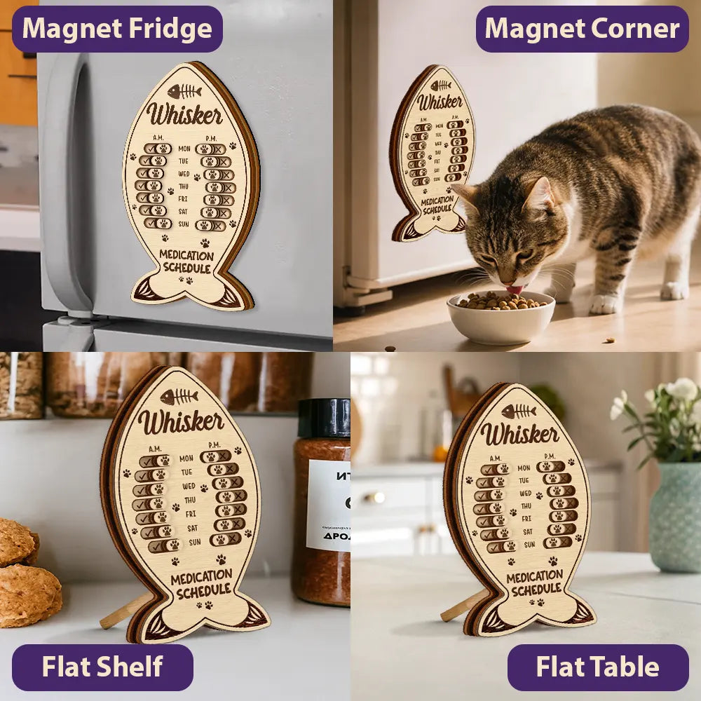 Cat Lovers, Cat Mom, Cat Couple, Cat Dad - Fish Bone Shaped Feeding And Medication Tracker - Personalized Wooden Pet Feeding Reminder