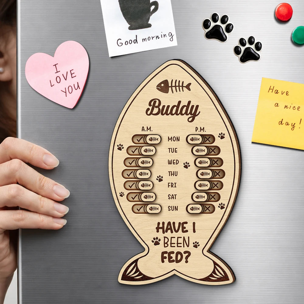 Fish Bone Shaped Feeding And Medication Tracker - Personalized Wooden Pet Feeding Reminder