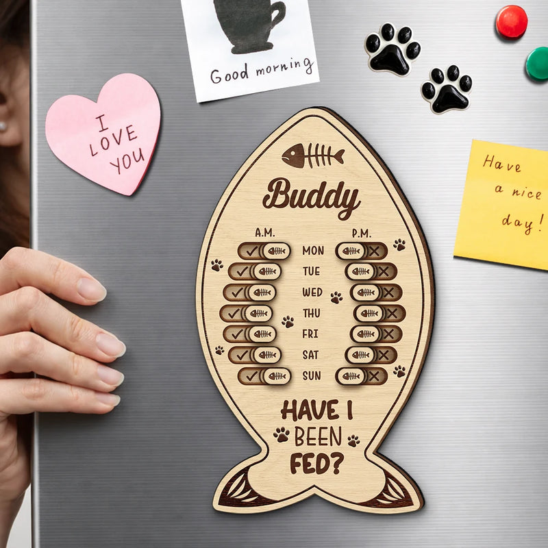 Cat Lovers, Cat Mom, Cat Couple, Cat Dad - Fish Bone Shaped Feeding And Medication Tracker - Personalized Wooden Pet Feeding Reminder