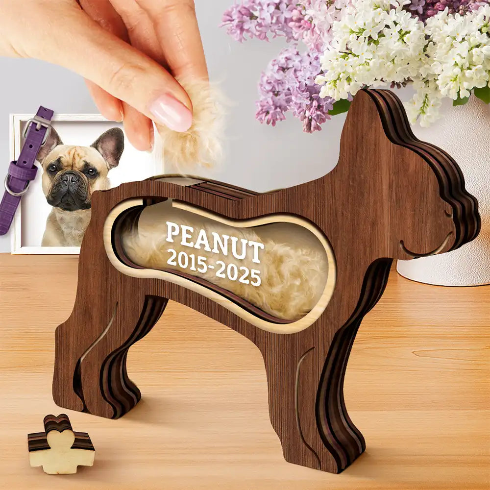 Dog Lovers,Dog Mom,Dog Dad,Pet Lovers,Pet Mom,Pet Dad,Memorial,Sad-French Bulldog Frenchie Dog Memorial Shadowbox Fur Keepsake - Personalized Pet Shaped Wooden Keepsake
