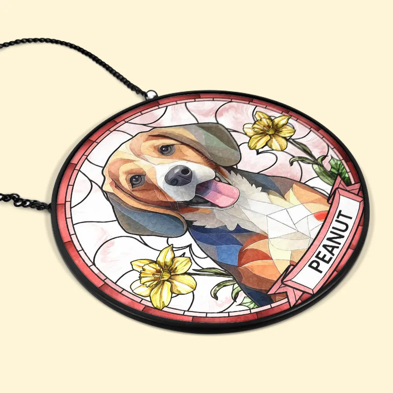 Custom Photo Dog Cat Portrait With Birth Flower - Personalized Stained Glass Window Hanging Suncatcher
