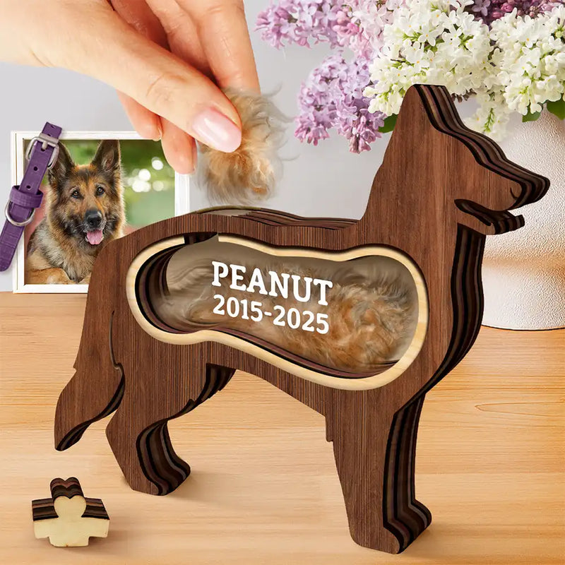 Dog Lovers,Dog Mom,Dog Dad,Pet Lovers,Pet Mom,Pet Dad,Memorial,Sad-German Shepherd Dog Memorial Shadowbox Fur Keepsake - Personalized Pet Shaped Wooden Keepsake