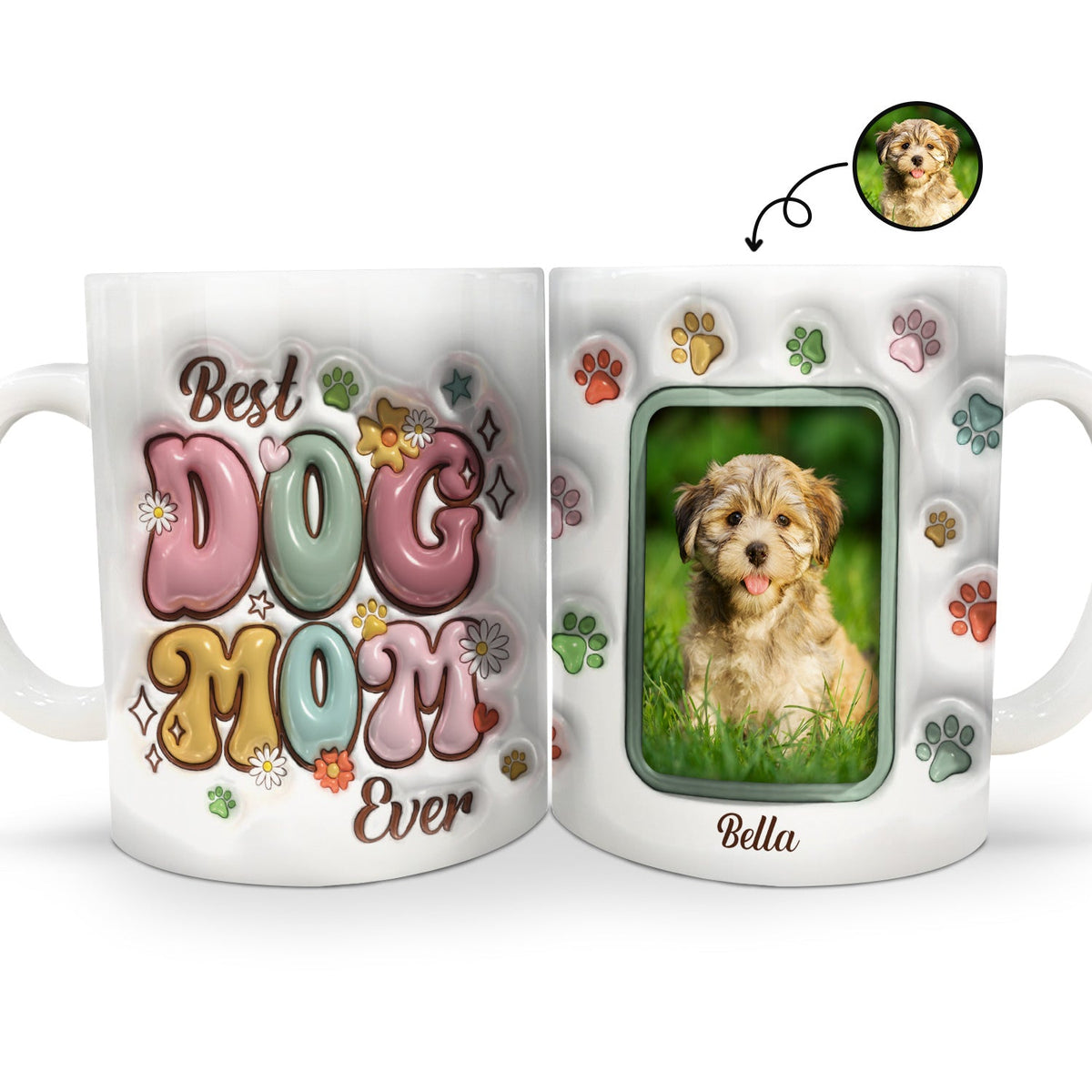 Custom Photo World’s Best Dog Mom - Gift For Dog Lovers - 3D Inflated Effect Printed Mug, Personalized White Edge-to-Edge Mug