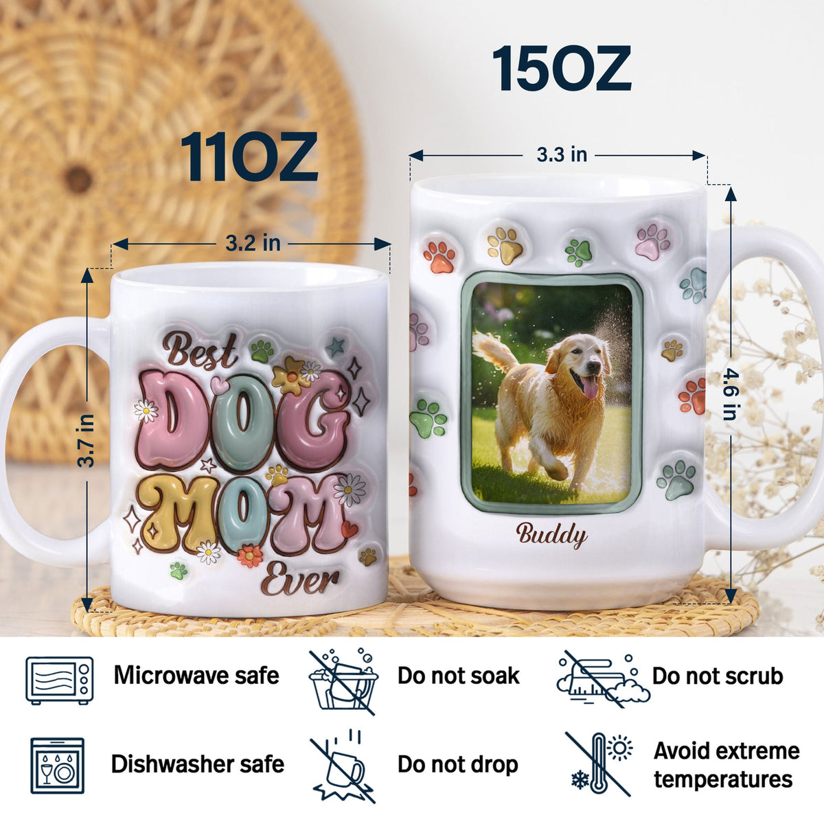 Custom Photo World’s Best Dog Mom - Gift For Dog Lovers - 3D Inflated Effect Printed Mug, Personalized White Edge-to-Edge Mug