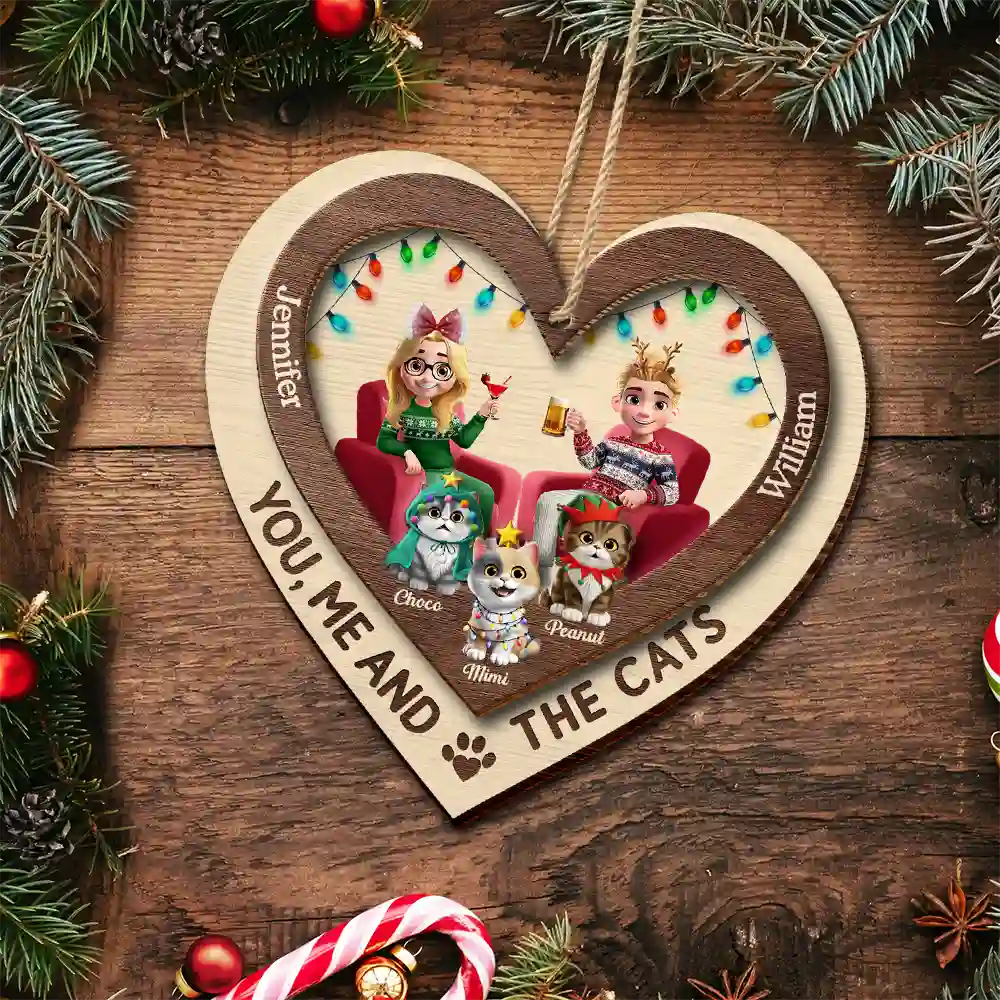 Gift For Couples,Gift For Husband,Gift For Wife,Gift For Boyfriend,Gift For Girlfriend,Cat Lovers,Cat Couple,Pet Lovers,Pet Couple,Christmas,Love - Heart You Me And The Cat - Personalized 2-Layered Wooden Ornament