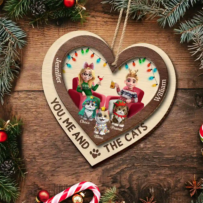 Gift For Couples,Gift For Husband,Gift For Wife,Gift For Boyfriend,Gift For Girlfriend,Cat Lovers,Cat Couple,Pet Lovers,Pet Couple,Christmas,Love - Heart You Me And The Cat - Personalized 2-Layered Wooden Ornament