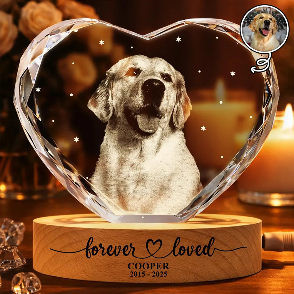 Custom Photo Forever Loved Pet Memorial - Personalized Crystal Heart Shaped Lamp