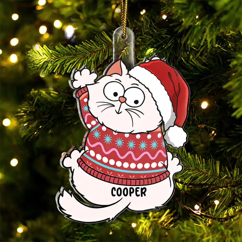 Funny Scratching Cat Christmas - Personalized Cutout Acrylic Ornament