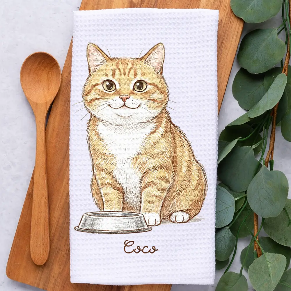 Custom Photo Colored Pencil Sketch Funny Cat Dog Pet - Personalized Kitchen Towel