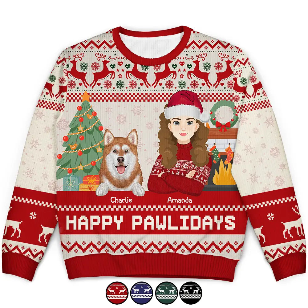 Pet Lovers, Cat Lovers, Dog Lovers - Happy Pawlidays Dog And Cat Lover Flat Art - Personalized Unisex Ugly Sweater