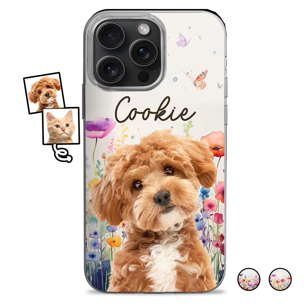 Custom Photo Dog Cat Pet Surrounded By Wildflowers - Personalized Clear Phone Case