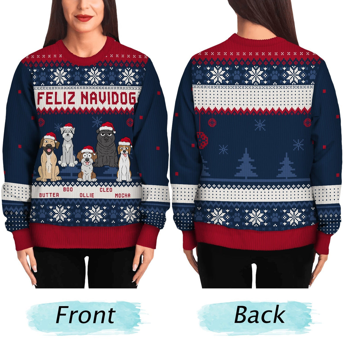 Feliz Navidog Merry Woofmas Cartoon Dogs - Christmas Gift For Dog Lovers - Personalized Unisex Ugly Sweater