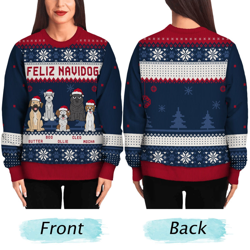 Feliz Navidog Merry Woofmas Cartoon Dogs - Christmas Gift For Dog Lovers - Personalized Unisex Ugly Sweater