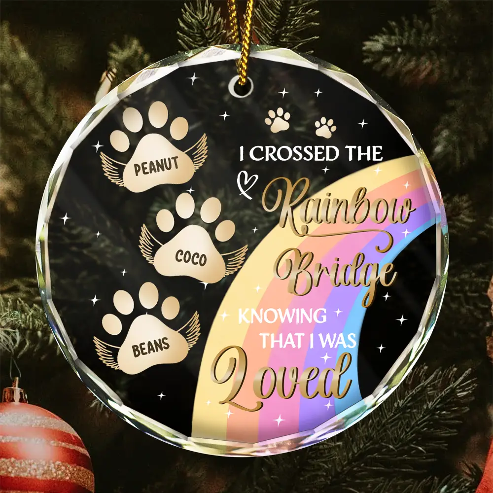 I Crossed The Rainbow Bridge Pet Memorial - Personalized Circle Glass Ornament