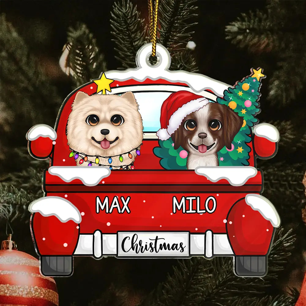 Xmas Dog Cat With Red Truck - Personalized Cutout Acrylic Ornament