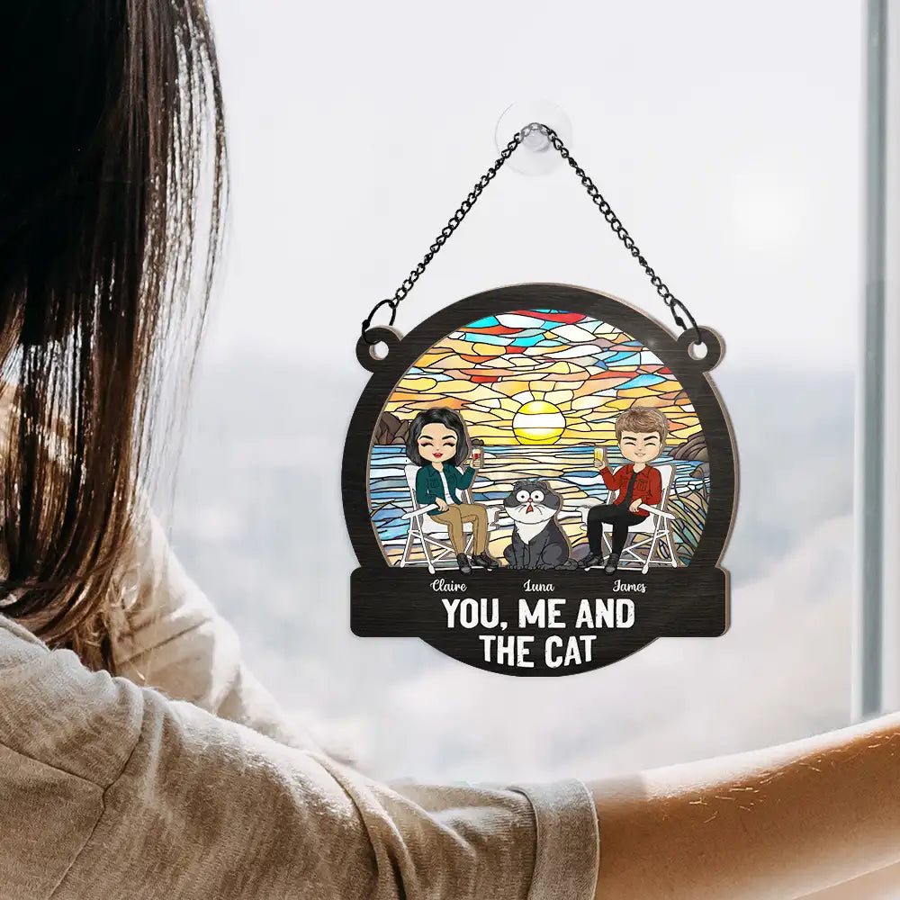 You, Me And The Cats Camping - Personalized Window Hanging Suncatcher Ornament