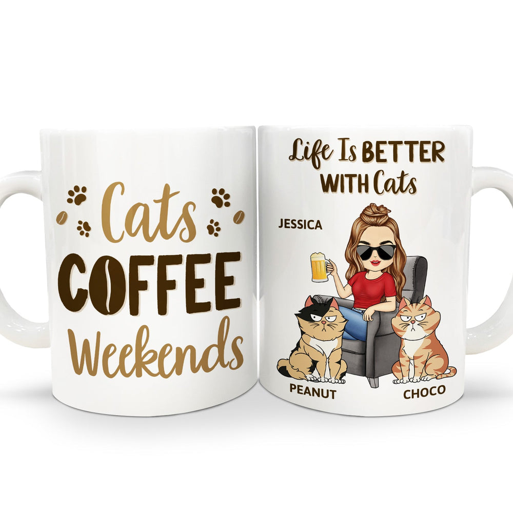 Cats, Coffee And Lazy Weekends - Gift For Cat Lovers, Cat Moms - Personalized White Edge-to-Edge Mug