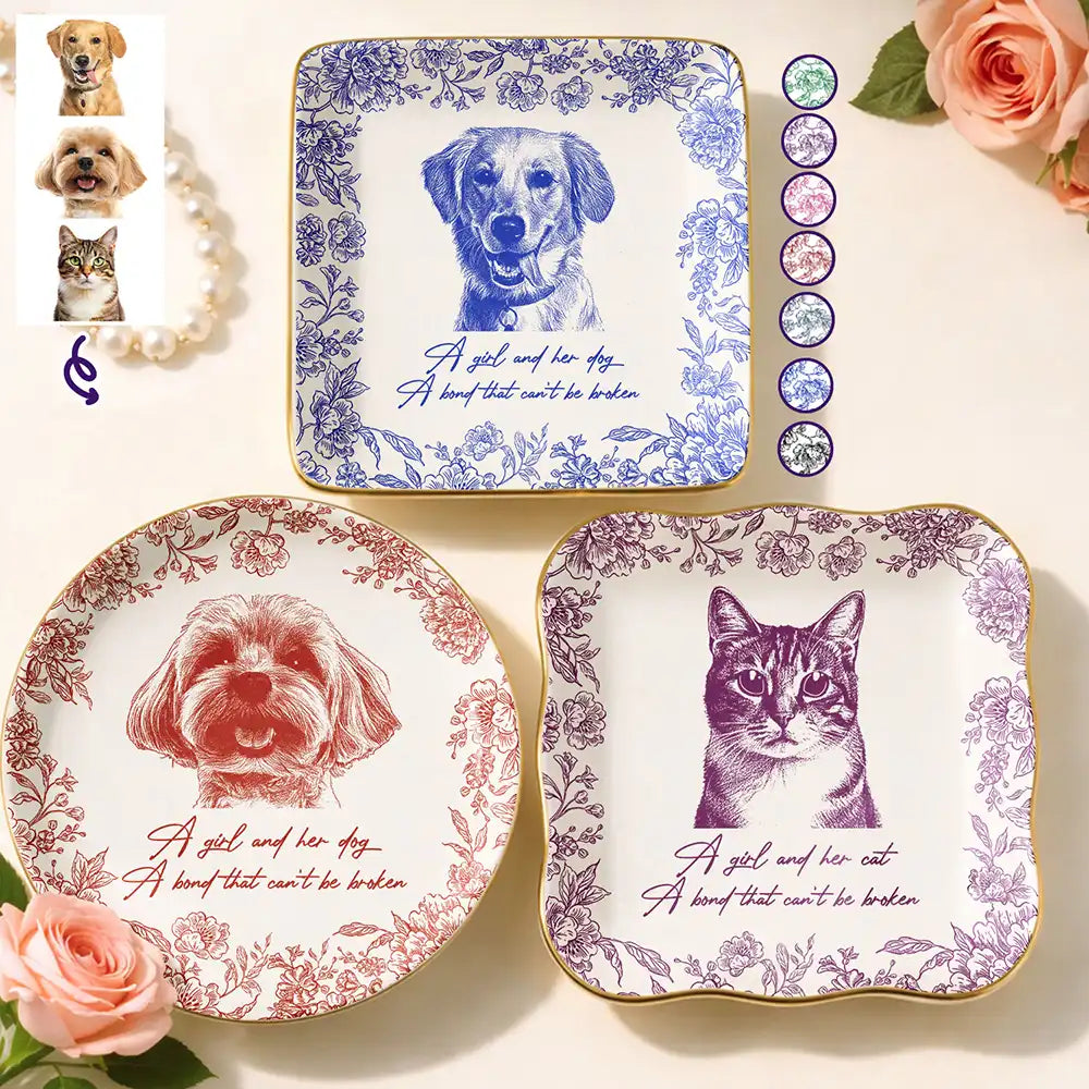 Custom Photo Pencil Sketch A Girl And Her Pet - Personalized Ring Dish