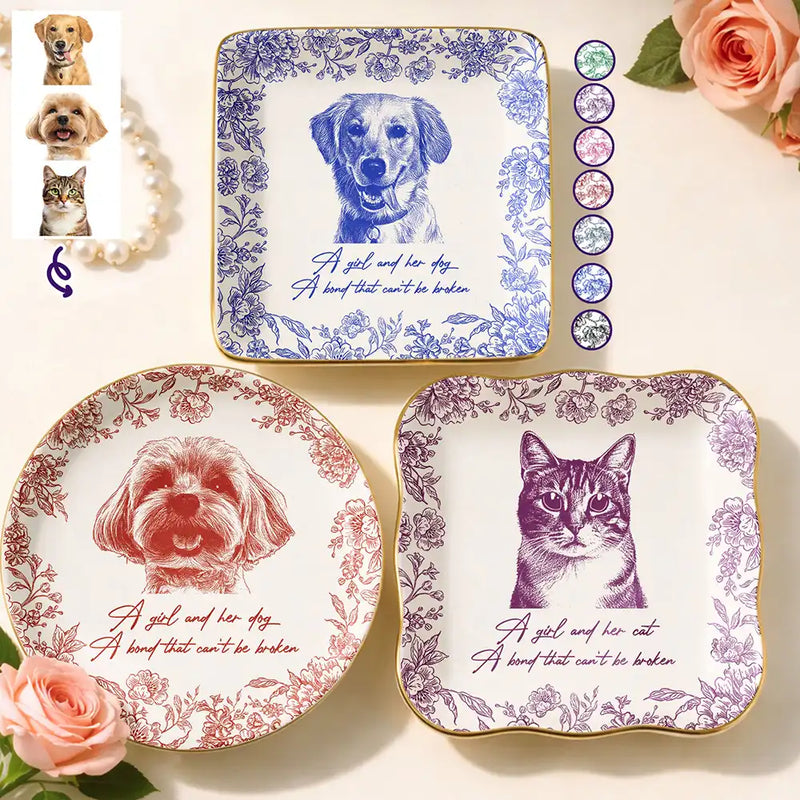 Custom Photo Pencil Sketch A Girl And Her Pet - Personalized Ring Dish