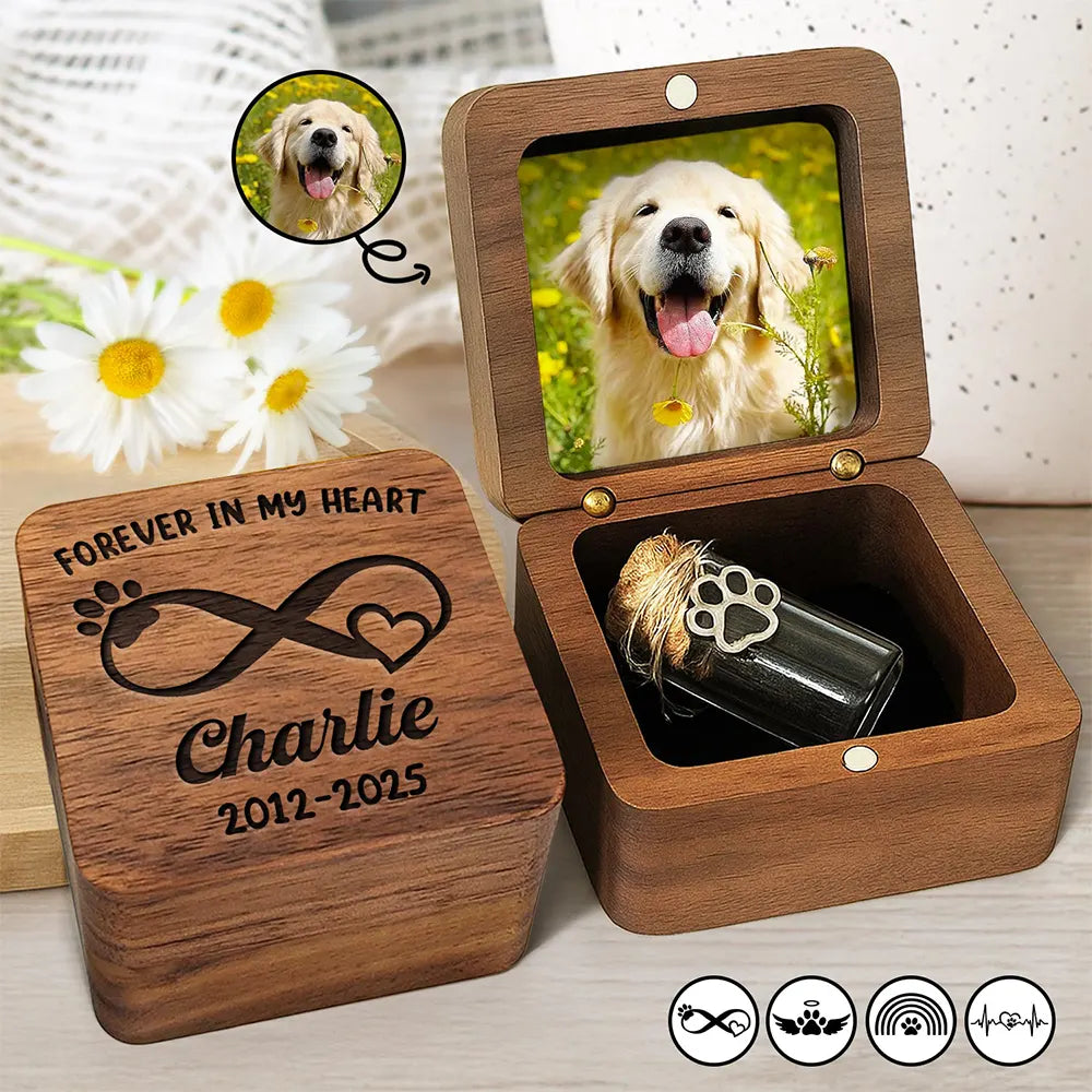 Pet Memorial Fur Keepsake Forever In My Heart - Personalized Custom Photo Wooden Box With Glass Jar