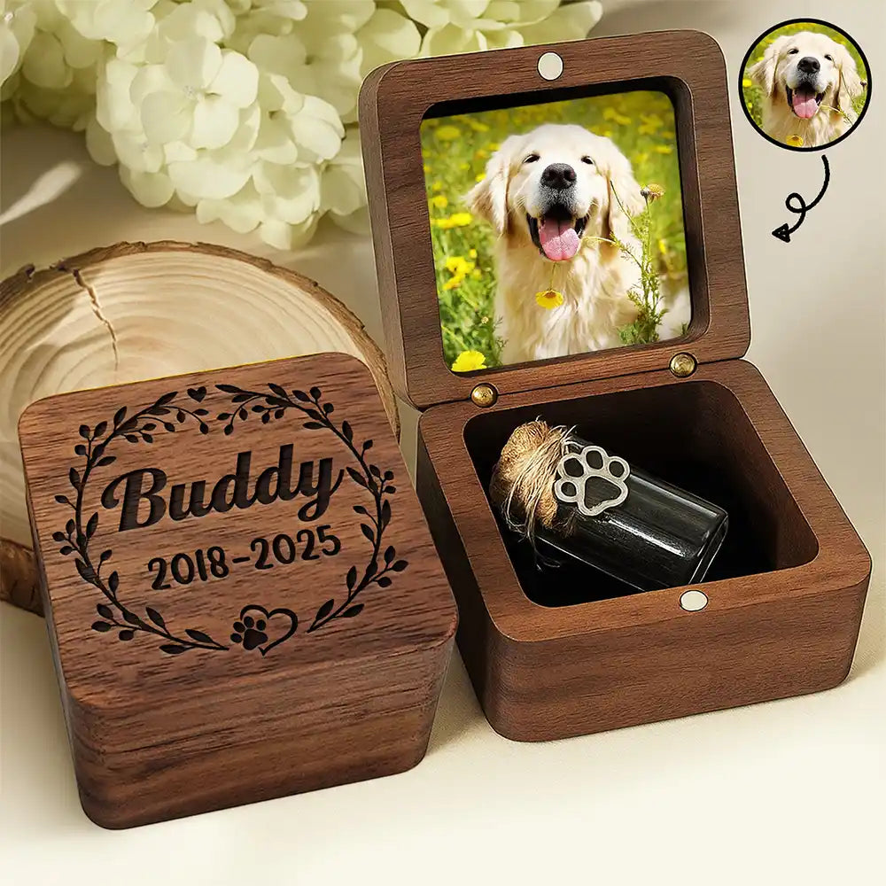Pet Memorial Urn Special Fur Keepsake - Personalized Custom Photo Wooden Box With Glass Jar
